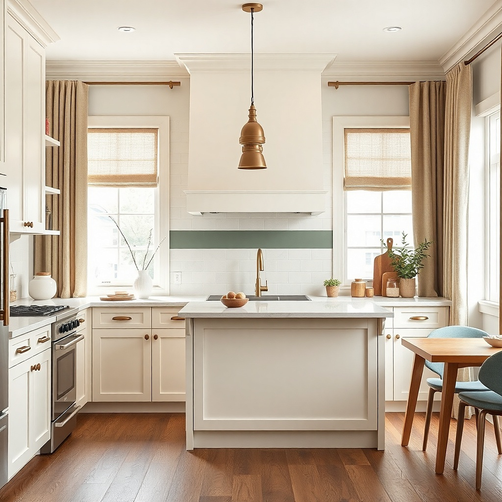 A small kitchen backsplash with white subway tiles covering most of the wall. One horizontal row of thin accent tiles in a muted sage green runs at counter height. The grout is light gray, and the pattern is straight and clean.