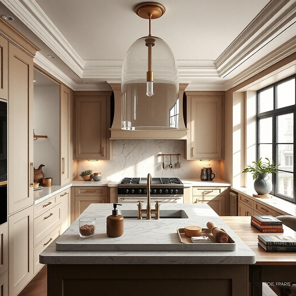 A single glass pendant light hangs above the sink area. The pendant has a clear glass shade with a brass canopy and chain. The ceiling is low enough that the cord is shortened, and the light creates a focused pool over the counter.