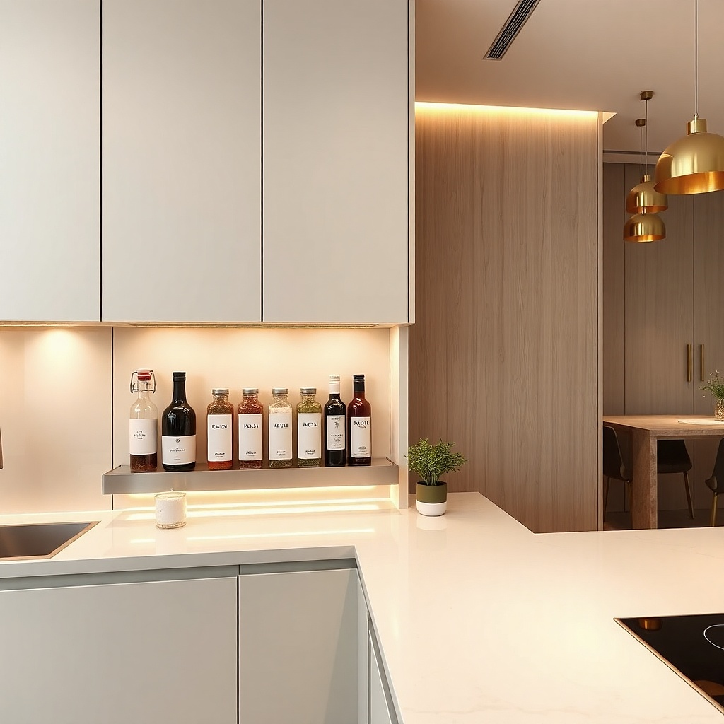 A slim stainless steel shelf ledge mounted under a cabinet, holding small glass spice jars and two bottles of olive oil. The jars have matching labels, and the shelf is aligned with the cabinet doors.