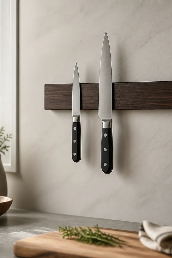 A magnetic knife strip mounted on a backsplash wall near the prep area. A narrow chef's knife with a black handle hangs centered, with a small paring knife on one side. No other knives are visible.
