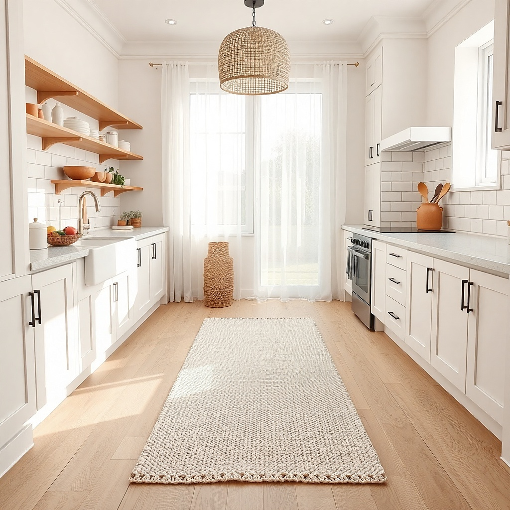 A white short-pile runner rug placed lengthwise in front of the sink and stove. It has a textured surface and a non-slip backing. The edges are straight, and the rug doesn't bunch under cabinet doors.