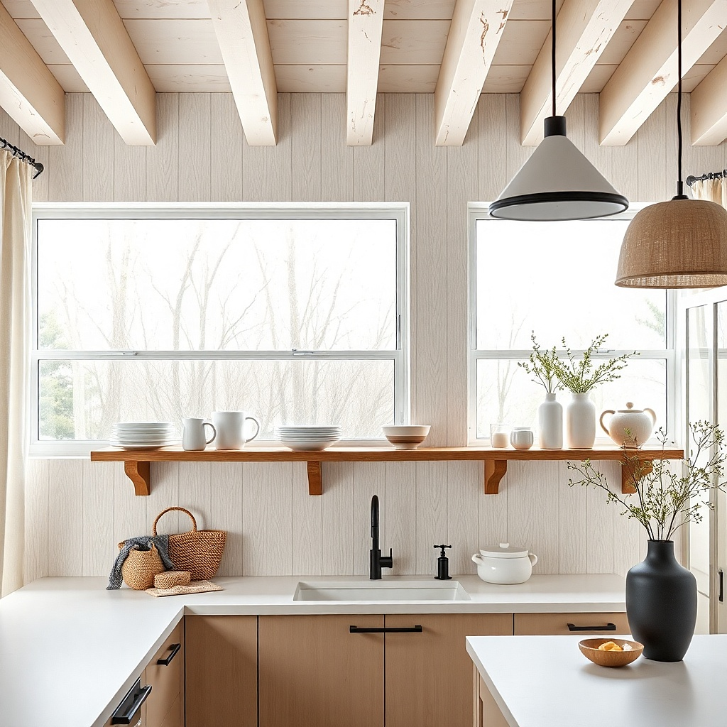 Two open shelves with light wood brackets. On the shelves are stacked white plates, a few bowls, and matching ceramic mugs. The items are aligned and spaced so each shelf has breathing room.