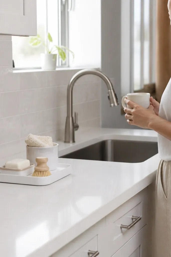 A rectangular ceramic countertop tray on a small kitchen counter. On it are a soap dispenser, a small dish for keys or rings, and a single candle. The rest of the counter is clear.