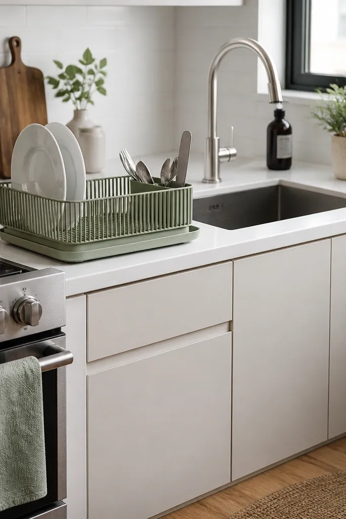 A small kitchen counter near the sink with a sage green dish rack, a matching soap dispenser, and a single folded sage towel. Everything sits on a light stone or neutral countertop.