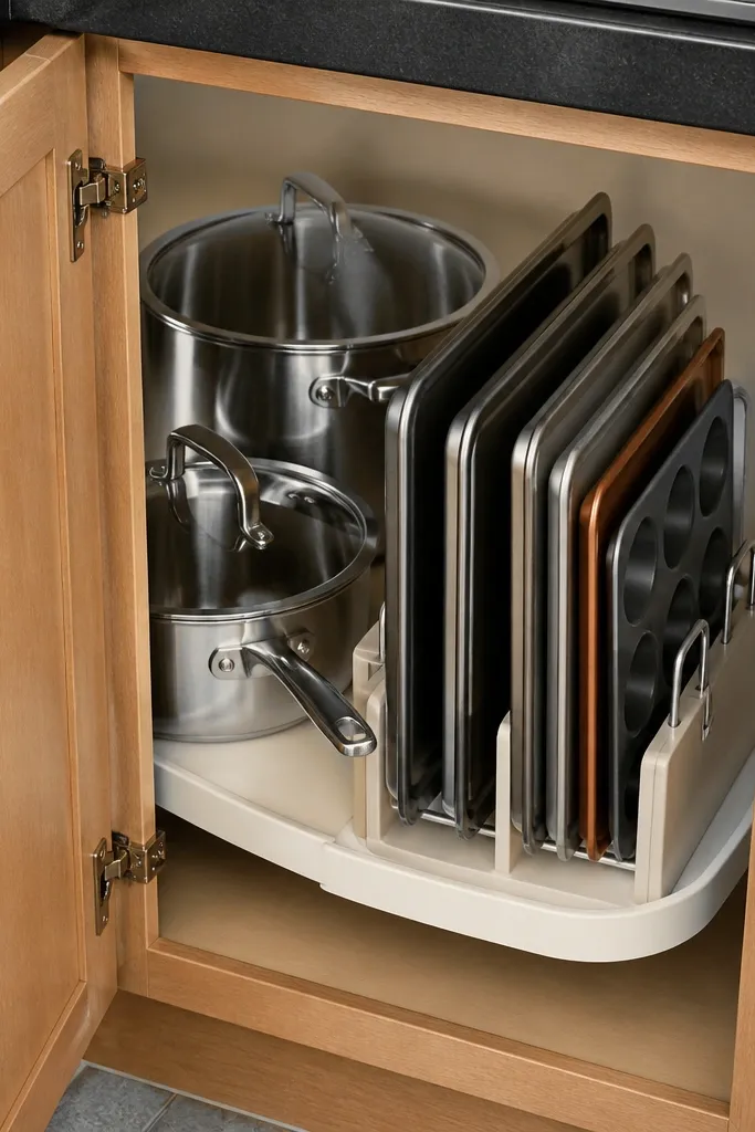 A small lazy Susan in a corner cabinet. The turntable holds a stack of baking sheets, one pot, and small containers arranged by height. The cabinet walls are light gray and uncluttered.