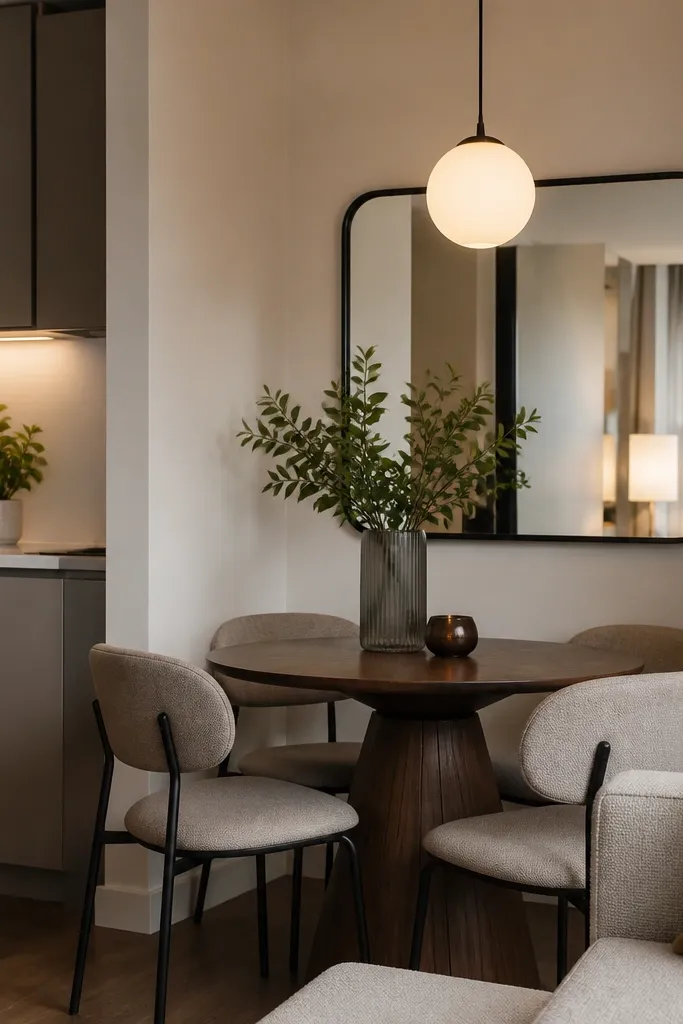 A black-framed mirror mounted on the wall across from a small dining table. The mirror reflects the kitchen counter and a warm pendant light. The dining chairs are simple and the wall is otherwise bare.