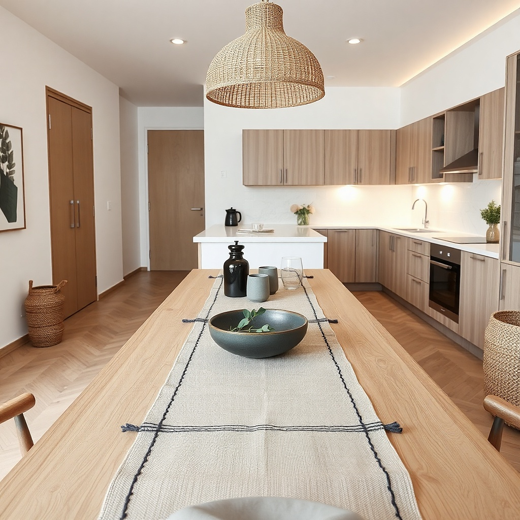 A narrow table runner on a small kitchen dining table. The runner is textured gray with a straight edge, and two placemats sit centered. Chairs are close together and the runner doesn't overhang the floor.