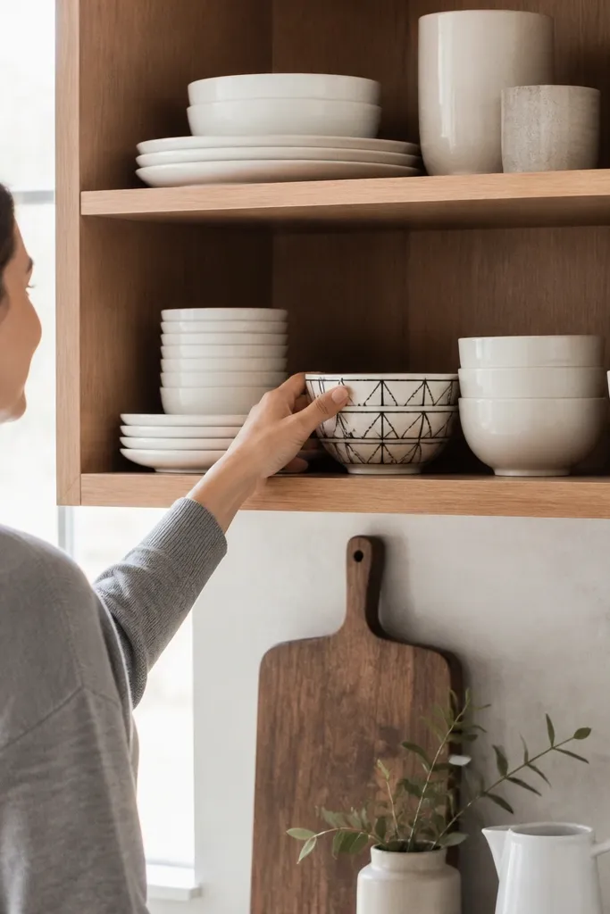 Kitchen shelves holding monochrome dishware: mostly white plates and bowls, plus one patterned blue bowl placed in front. The arrangement is tidy with consistent spacing and a few glass jars on the side.