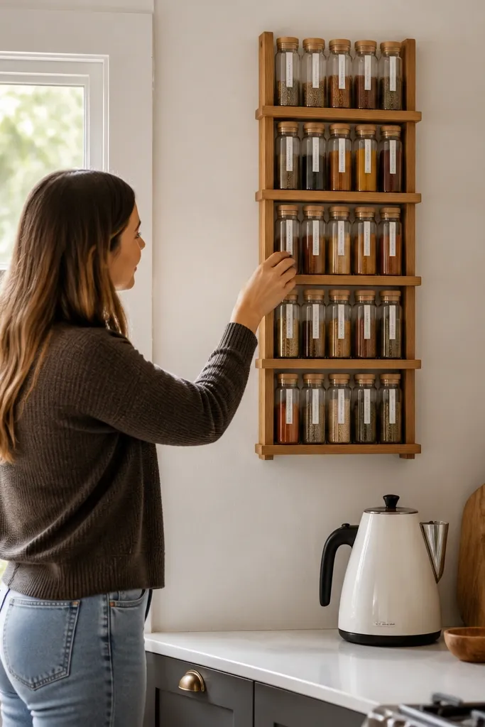 A narrow floating shelf system with a vertical ladder-like layout. Small spice jars hang or stand so labels face forward, and a few larger bottles sit on the bottom shelf. The wall is painted light gray.