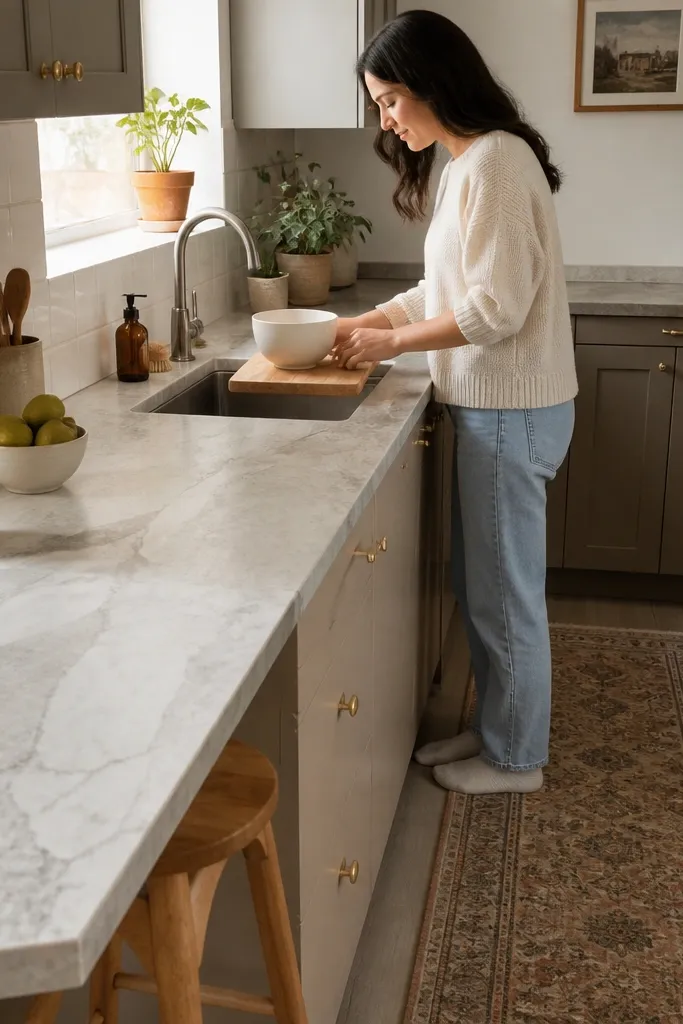 A small kitchen counter resurfaced with matte stone-pattern contact paper. The pattern is subtle and aligned with the cabinet edges. The sink cutout edges are clean, and a tray sits on top.