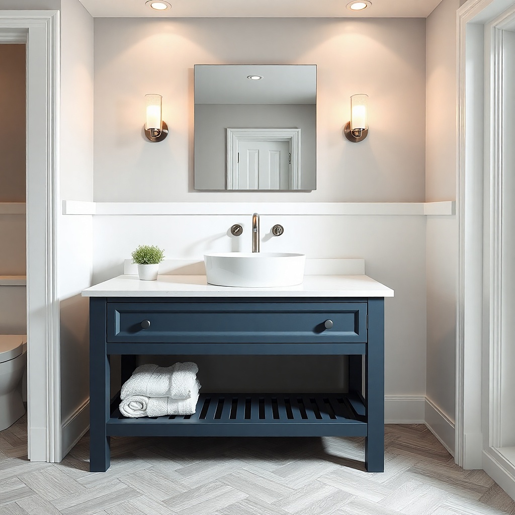 Matte navy shaker vanity with white quartz top and brushed nickel pulls