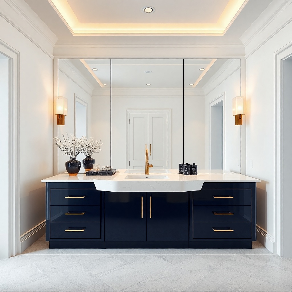 Glossy navy lacquer vanity with a waterfall white quartz edge and brass mirror frame