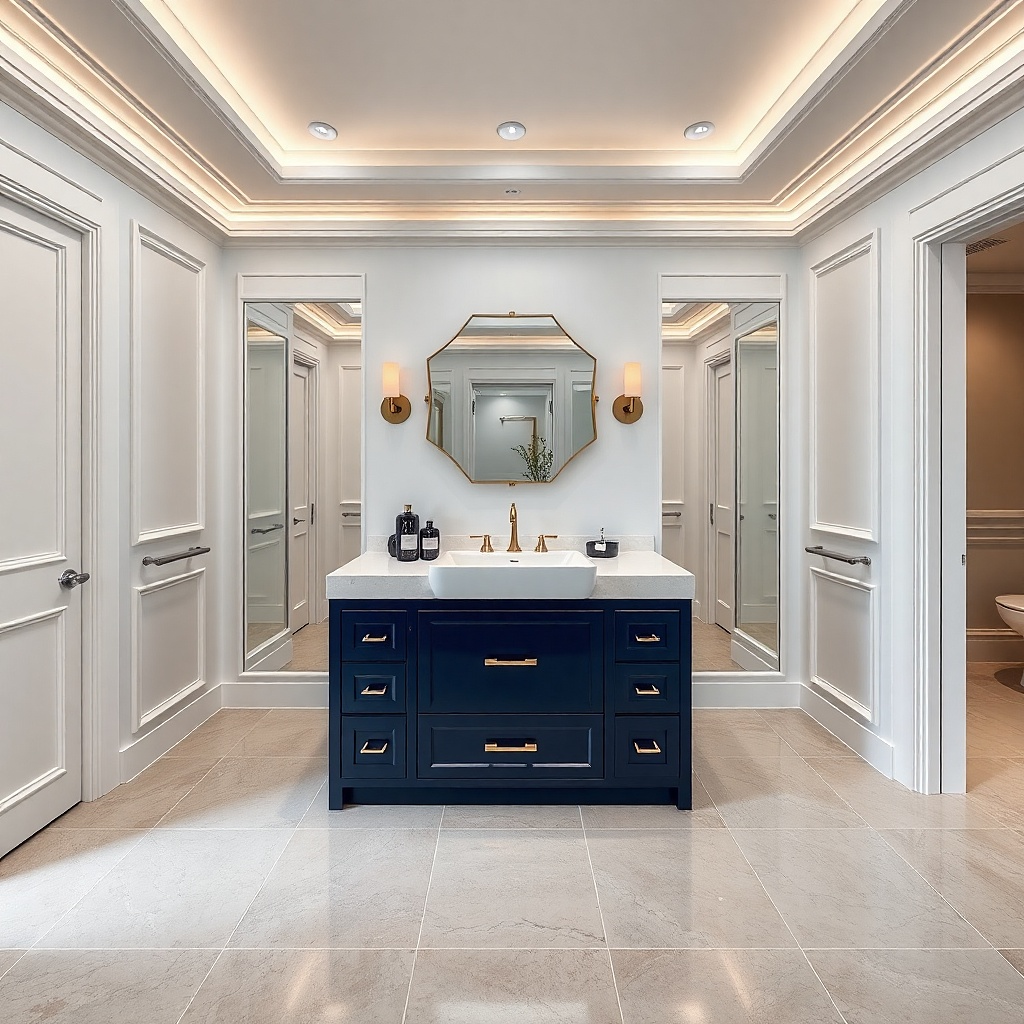 Navy raised-panel vanity with warm gold knobs and a creamy white countertop