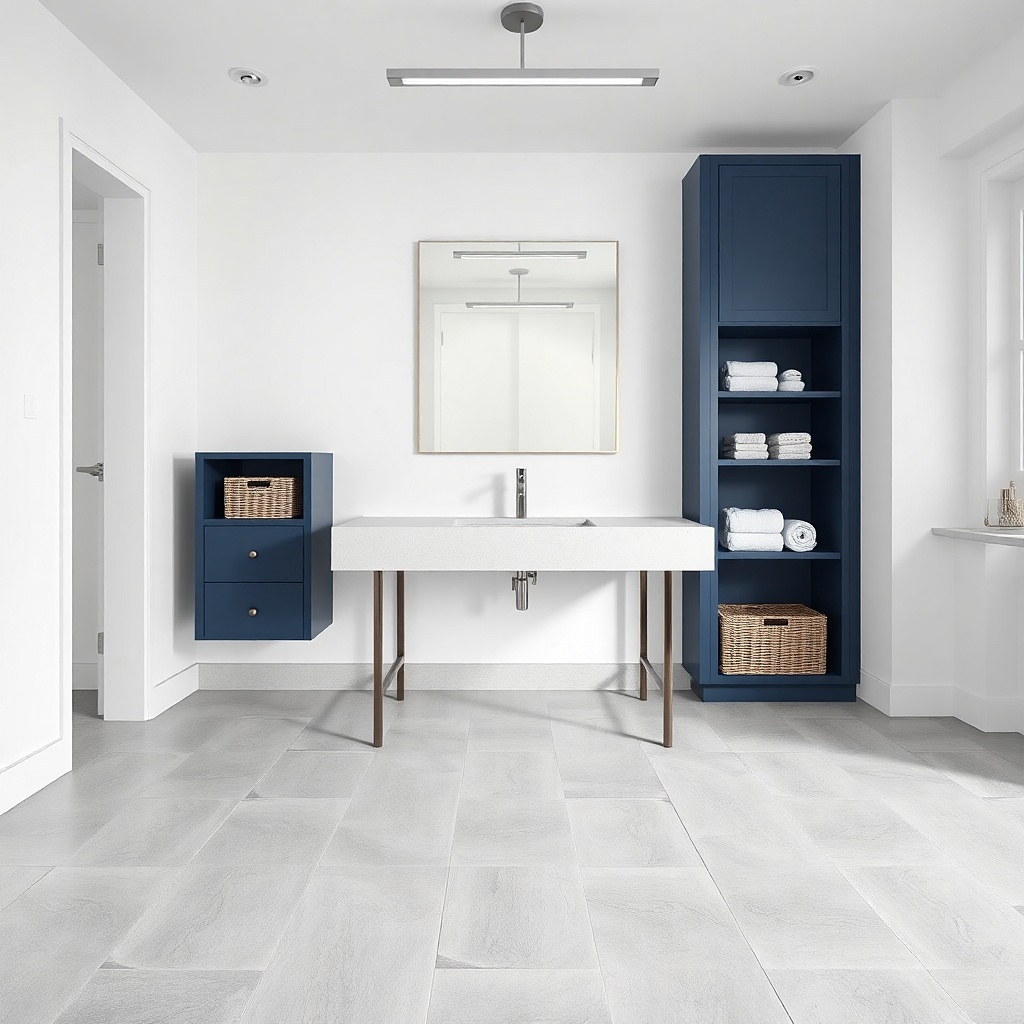 Floating navy vanity with slim legs and a light gray floor with a white top