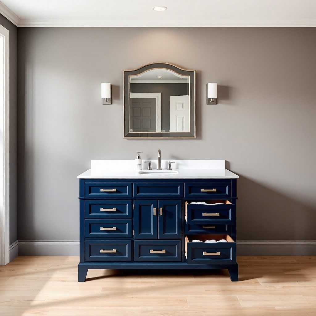 Two-tone navy vanity with darker lower drawers and lighter upper cabinet