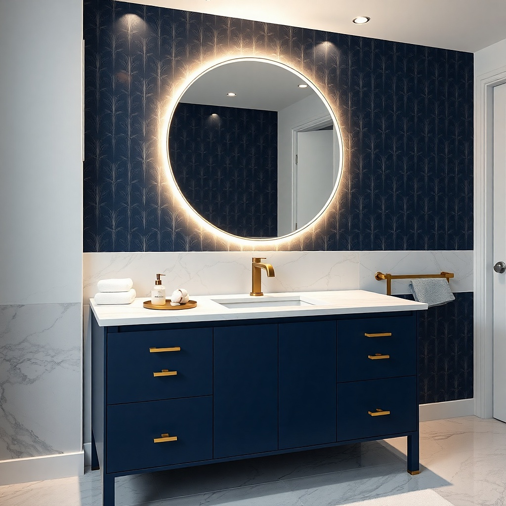 Navy slab-front vanity with brushed brass faucet and a backlit mirror