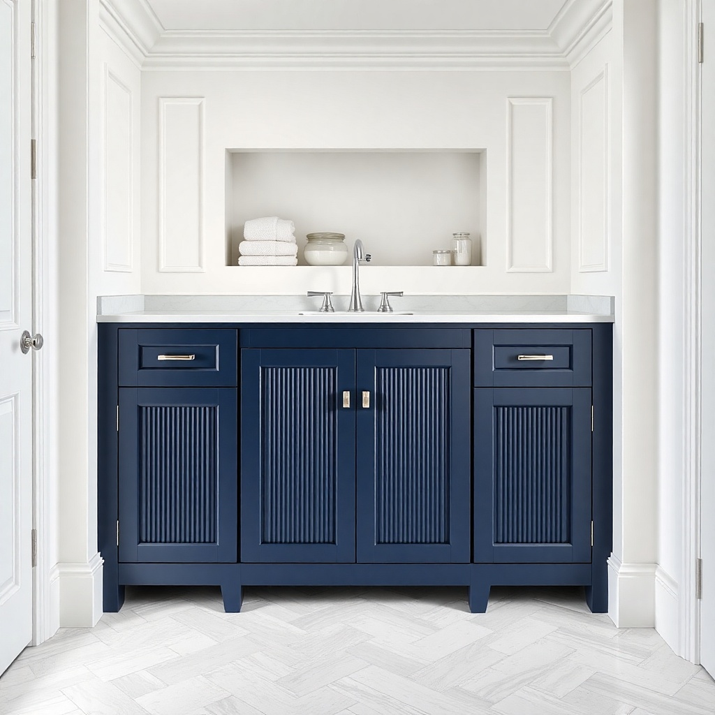 Navy fluted vanity with vertical grooves and silver pulls