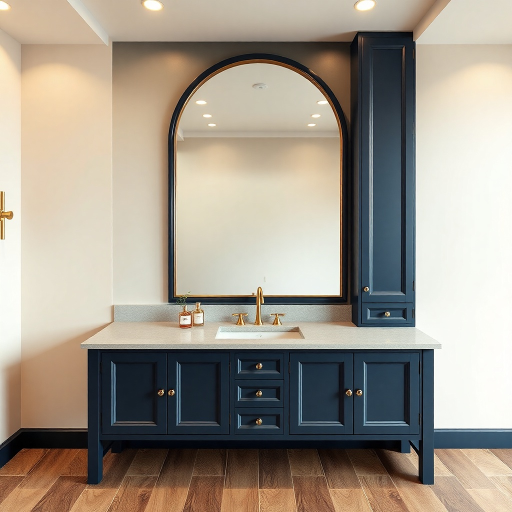 Navy vanity with an arched mirror and warm brass faucet and pulls