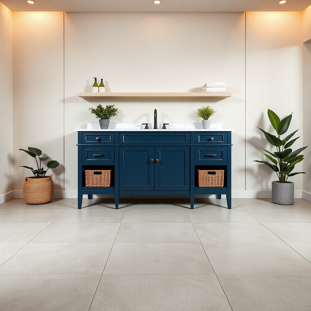 Navy vanity with an open shelf side and wicker baskets for towels