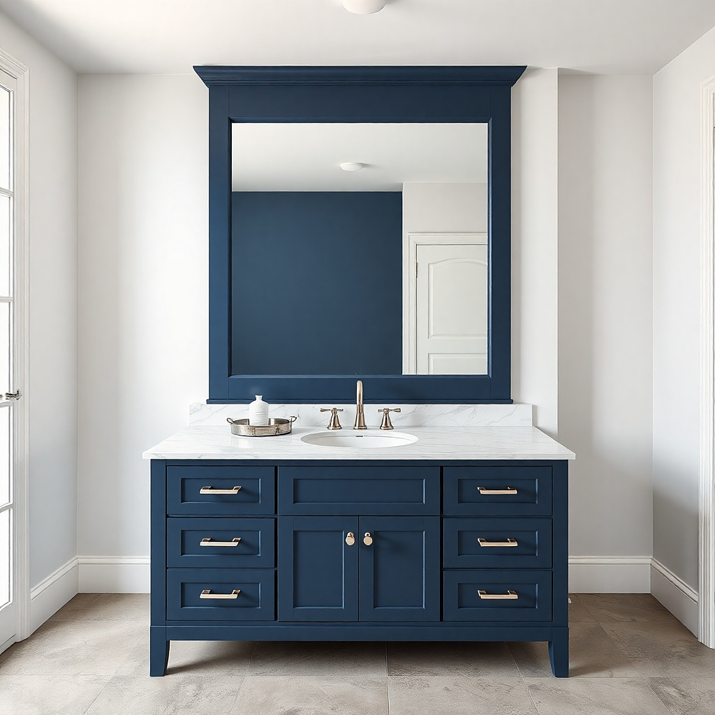 Navy vanity with light gray marble-look top and polished chrome hardware