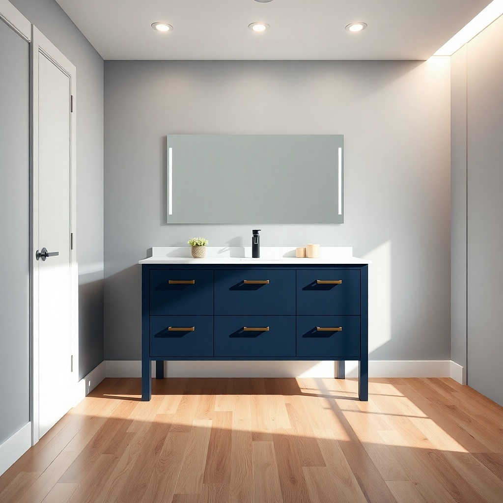 Navy vanity with integrated pulls and crisp straight edges plus white countertop
