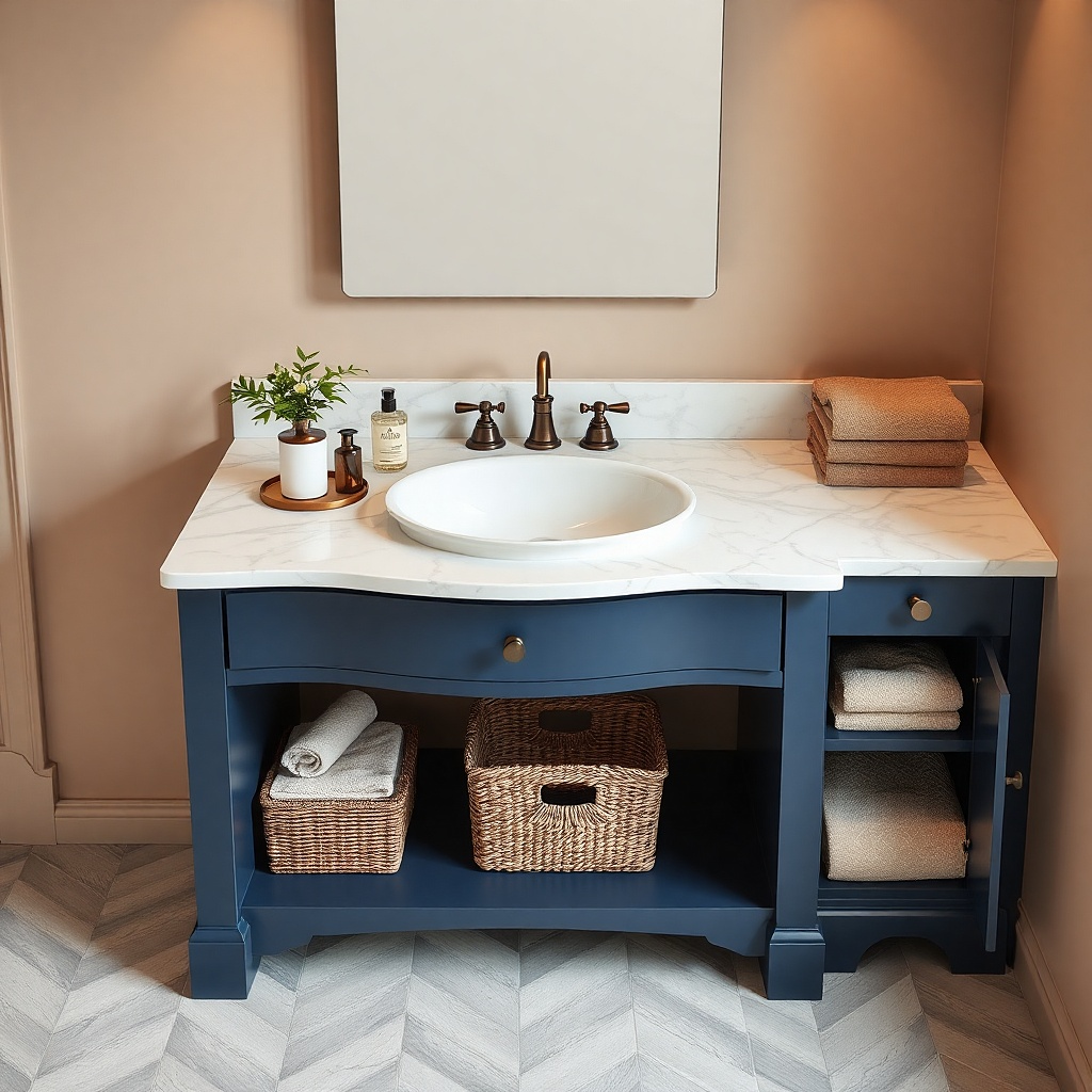 Navy vanity with an arched toe-kick panel and antique bronze faucet and pulls