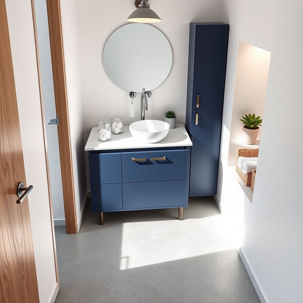 Navy corner vanity with light countertop and a round framed mirror