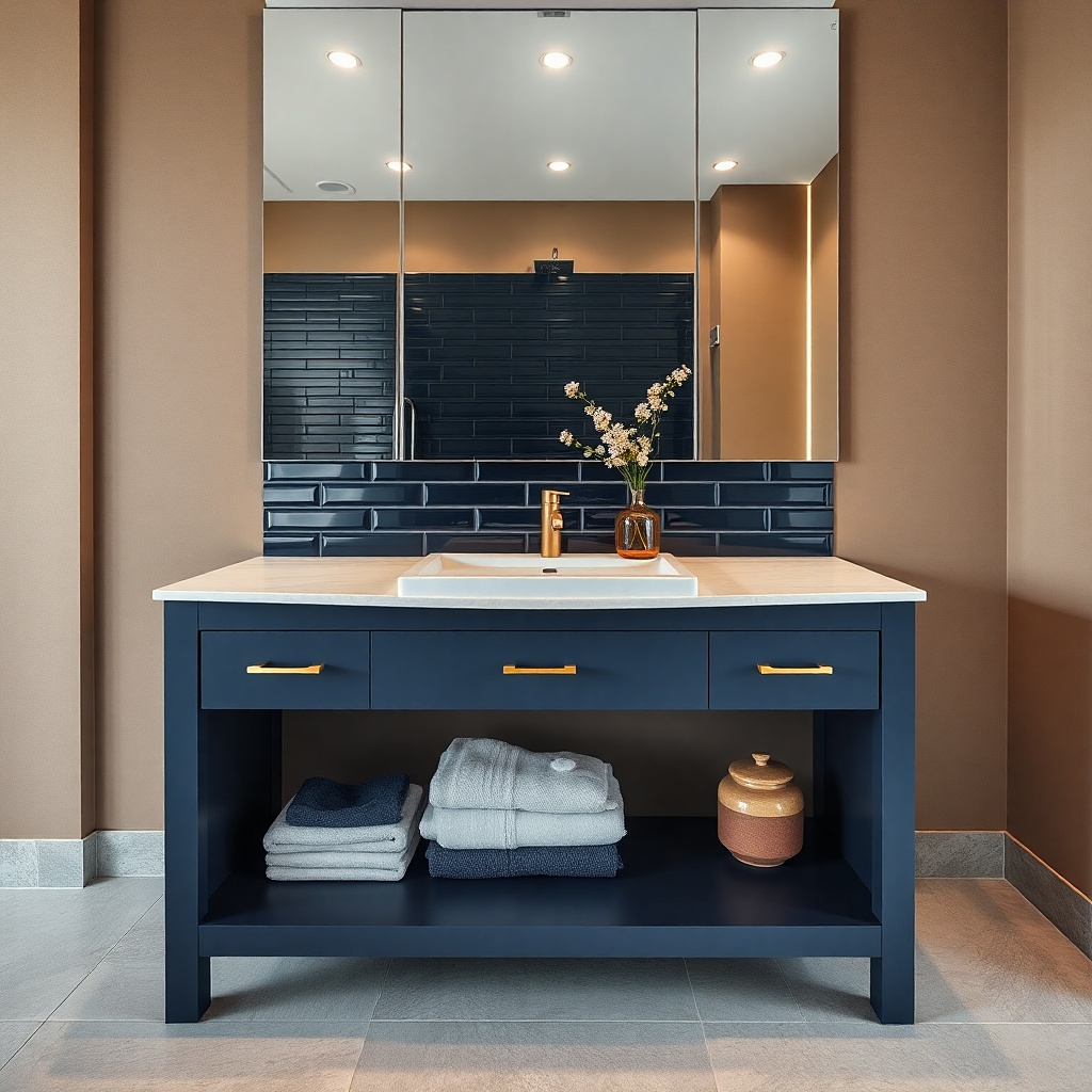 Navy vanity with a small navy backsplash panel behind the sink