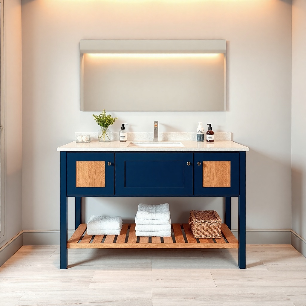 Navy framed vanity with light oak interior doors and a white countertop