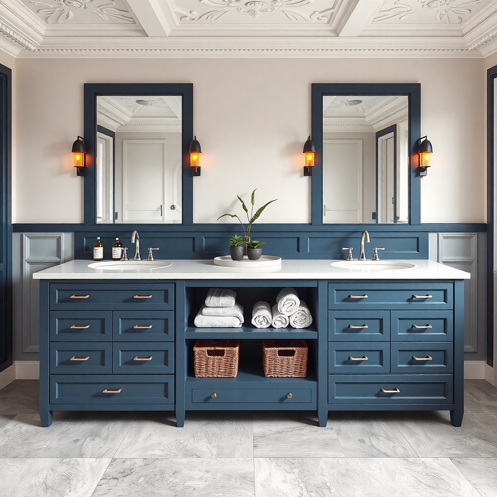 Navy double sink vanity with slim vertical mirrors and white quartz tops