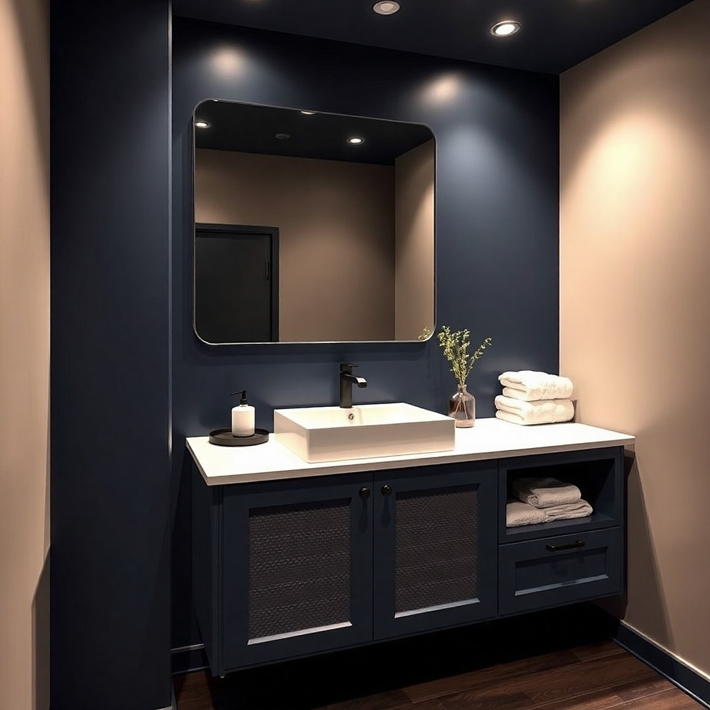Navy vanity with a textured ceramic tile panel on the front
