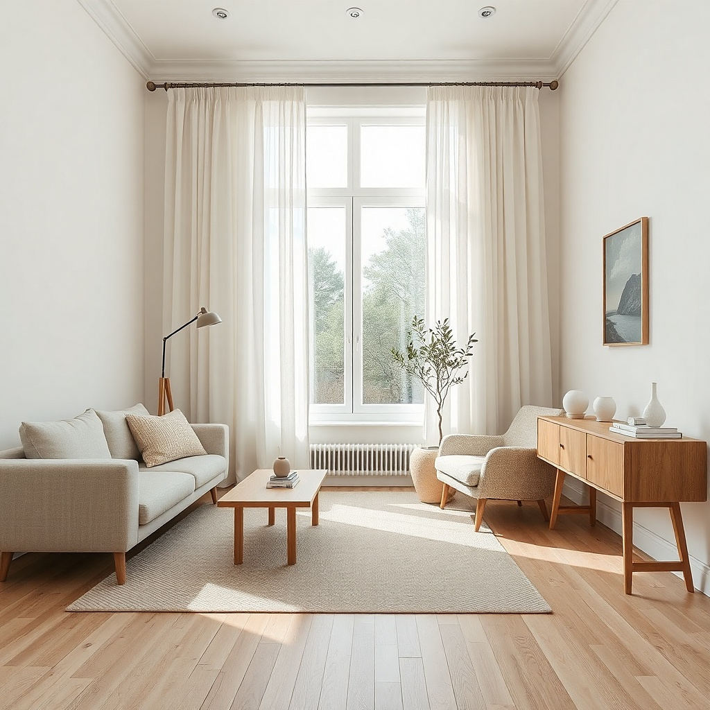 White ceiling-high sheer curtains around a single living room window