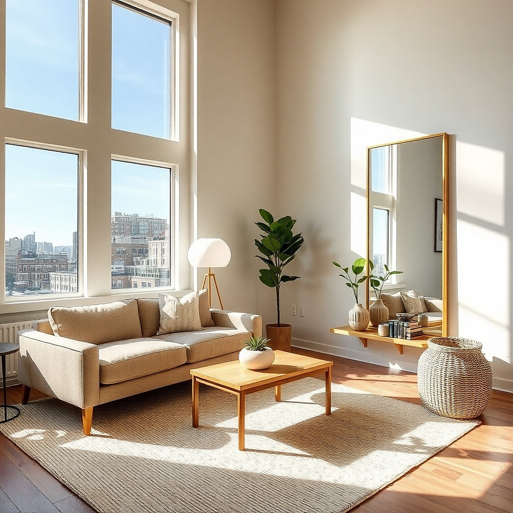 Tall slim mirror angled across from a single window in a living room