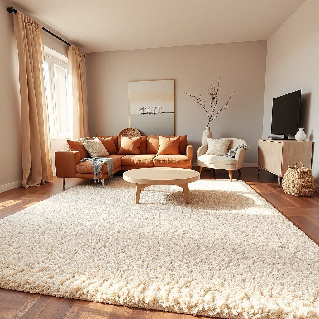 Light cream area rug in a living room with one window