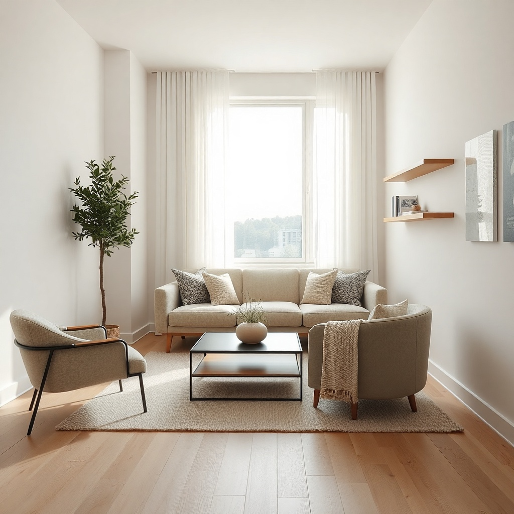 Low beige sofa under a single window with light curtains