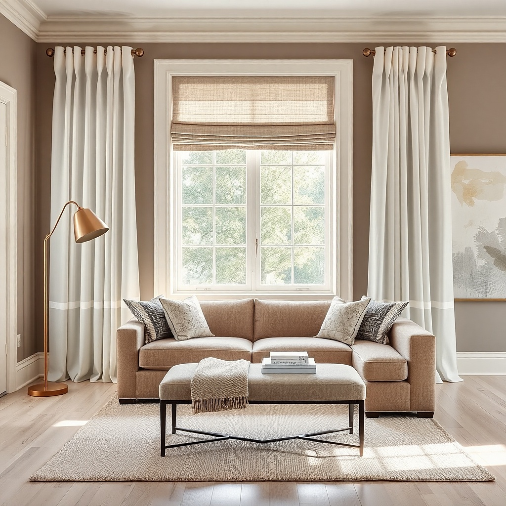 Light Roman shade with sheer curtain panels on one living room window
