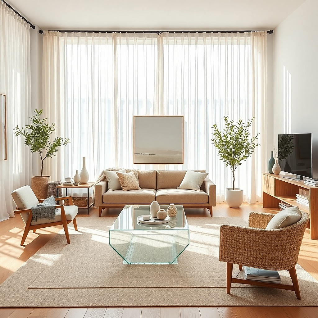 Glass coffee table and acrylic side table in a bright one-window living room