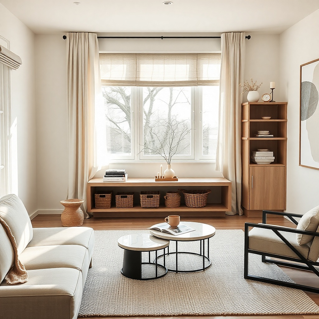 Slim wood bench under a single living room window