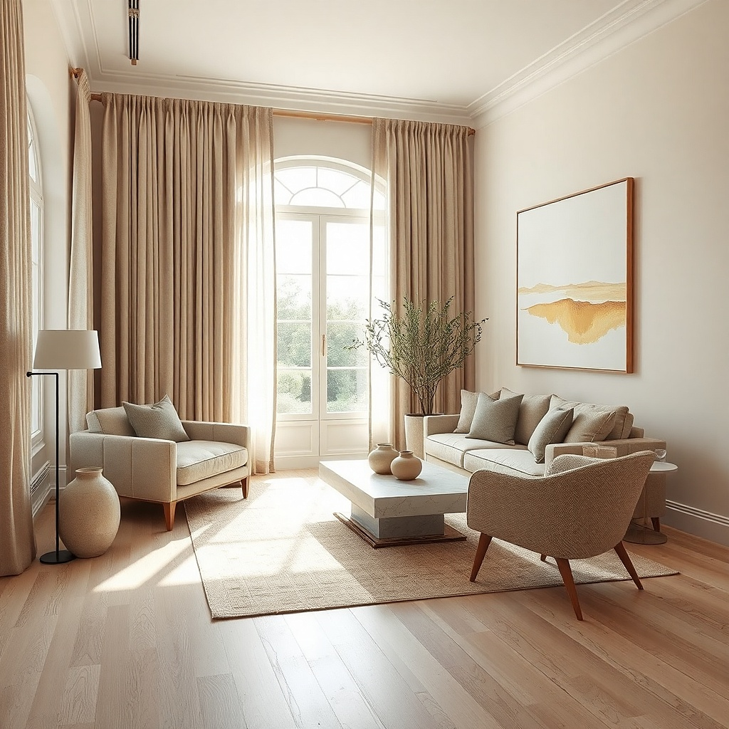 Living room in cream, oat, and warm beige with one window