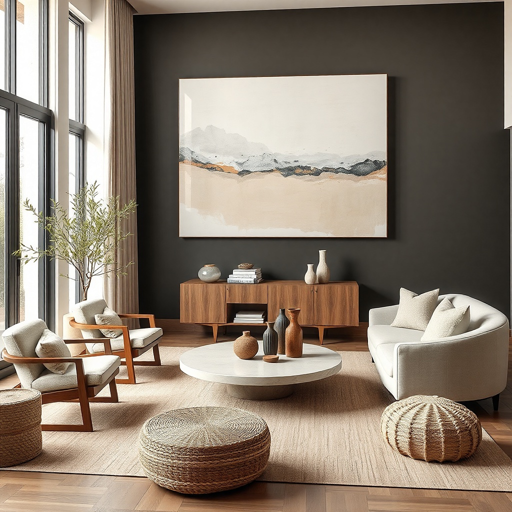 Large pale abstract art on the darkest wall of a one-window living room
