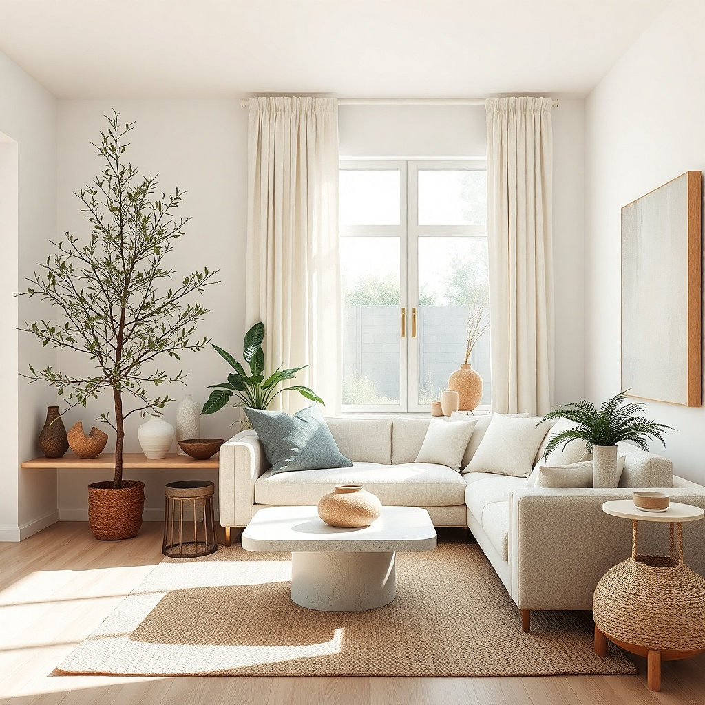 Airy plant near a single living room window with light curtains