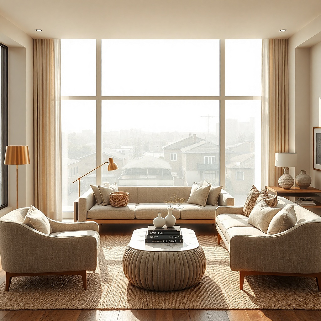 Frosted privacy film on a living room window with sheer curtains