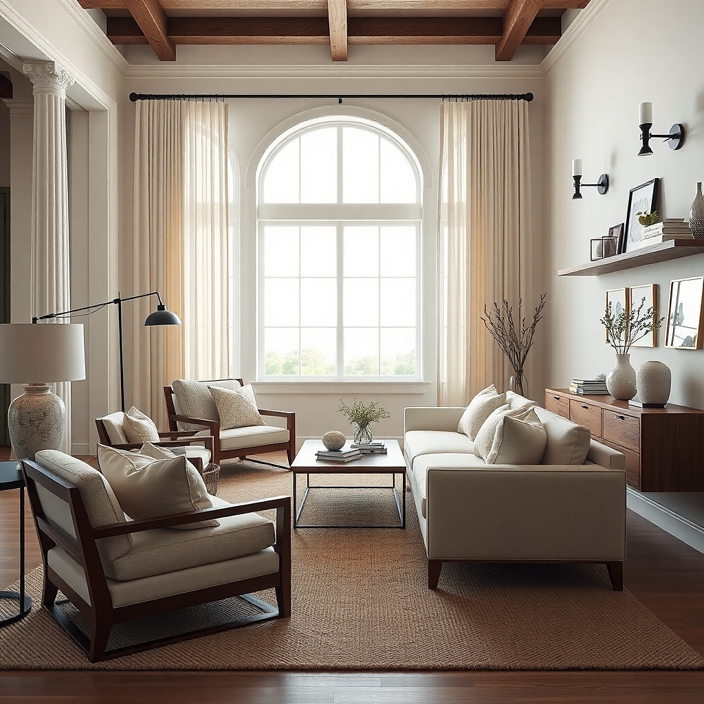 Floor lamp, table lamp, and sconce layered in a one-window living room