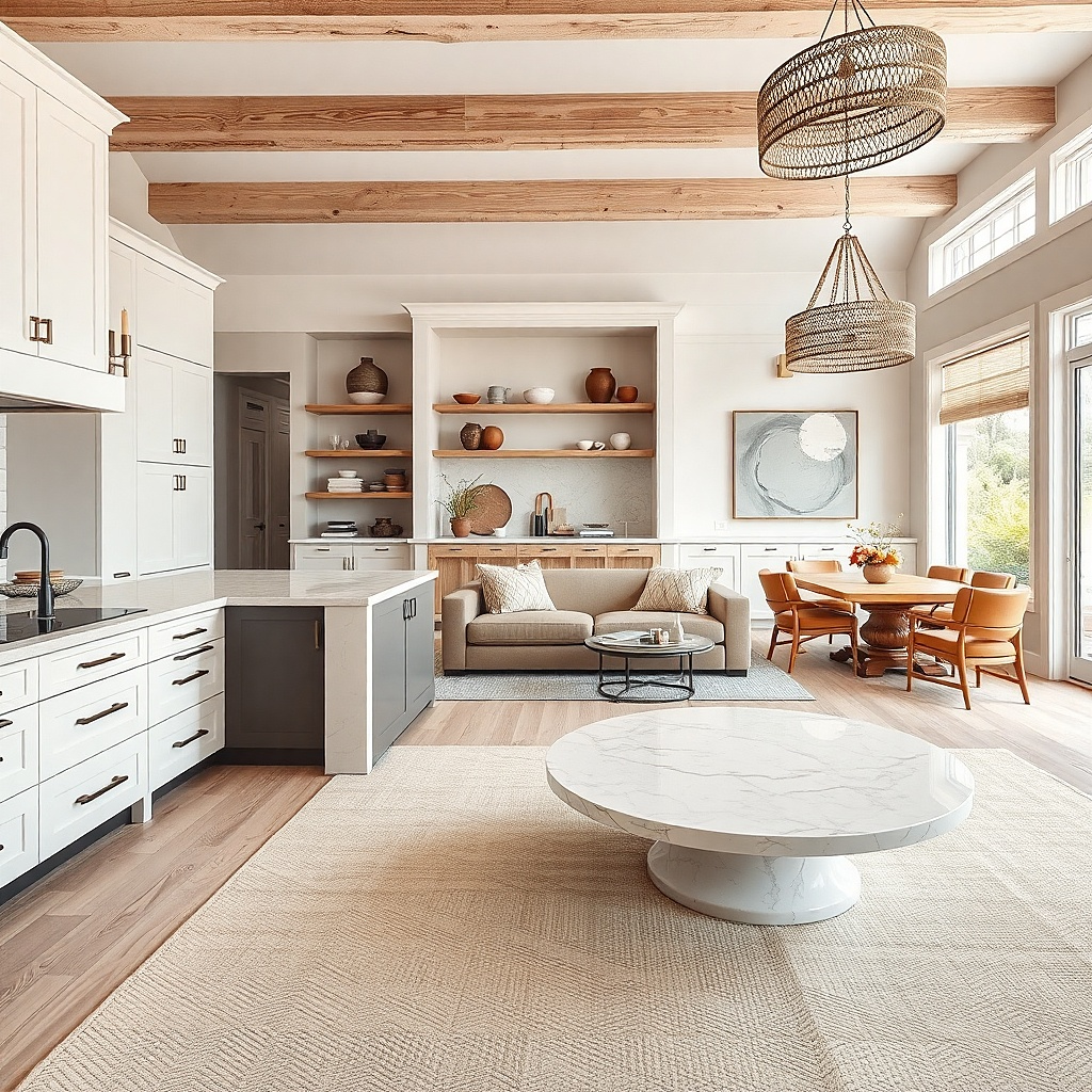 Light stone countertop and matching stone coffee table with neutral rug