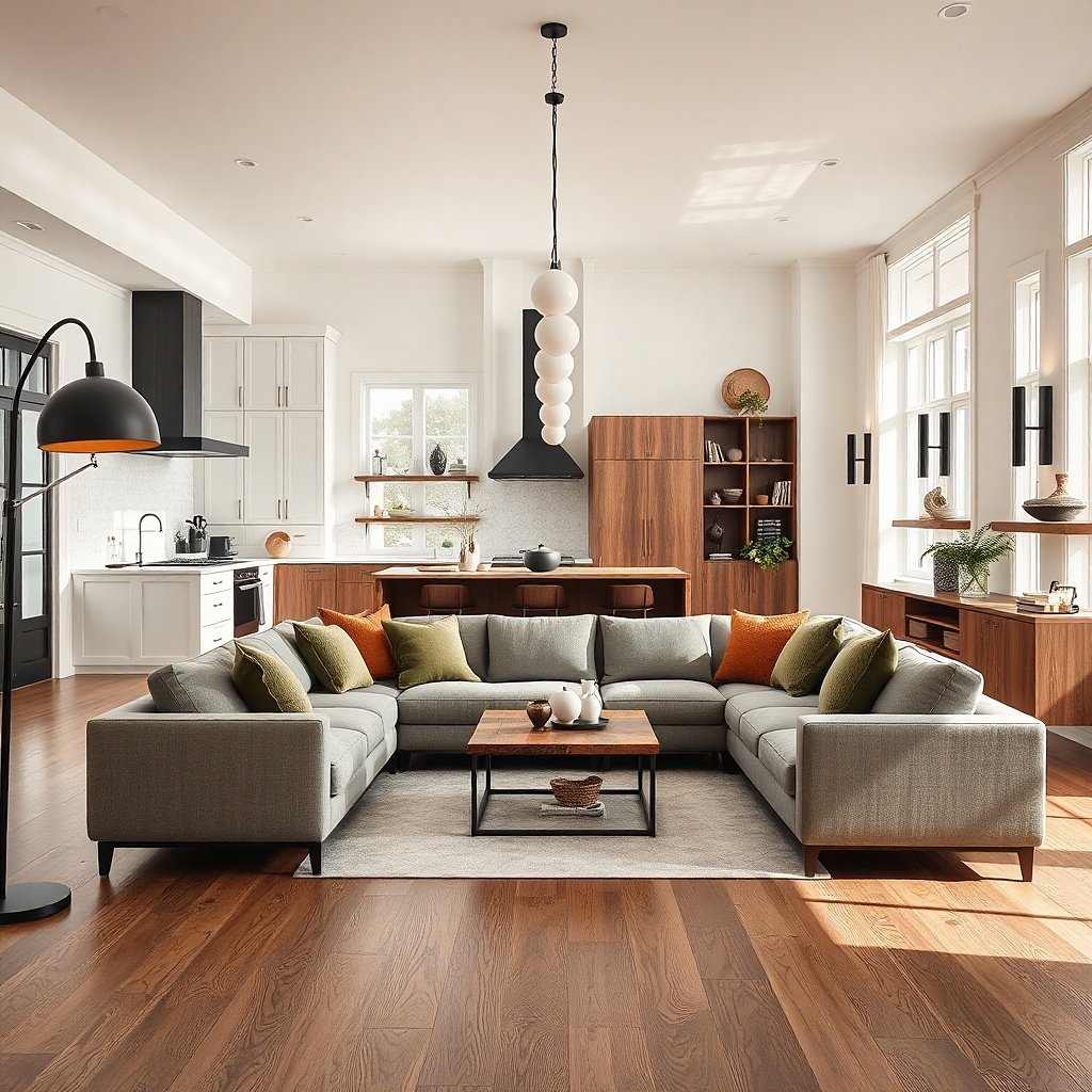 Large neutral rug with sofa front legs on it, kitchen doorway visible