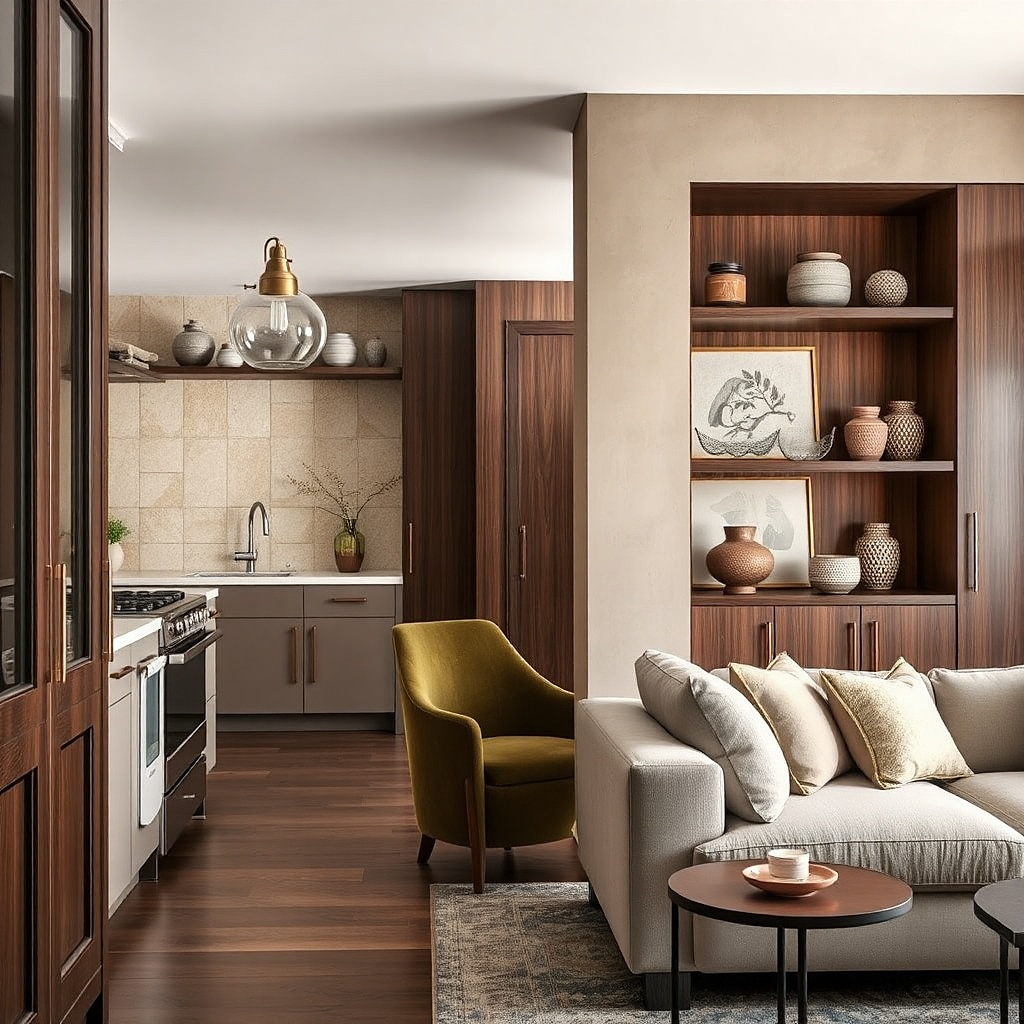 Living room gallery wall with one small tile-backed frame matching kitchen backsplash