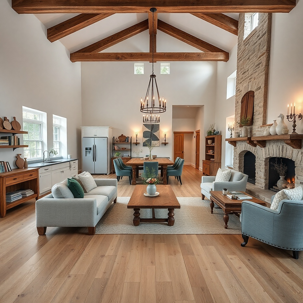 Oak-toned open shelving in living room with warm neutral decor