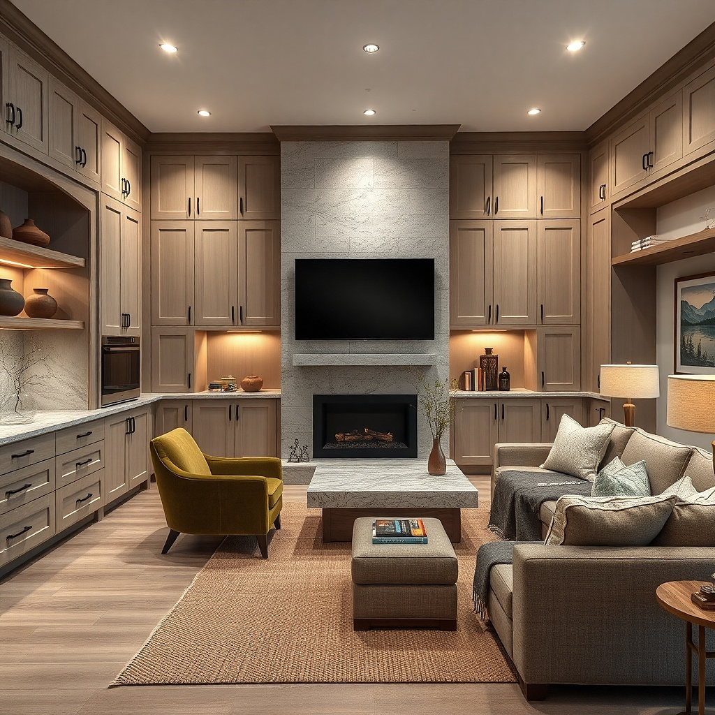 White media console with same cabinet hardware finish as kitchen