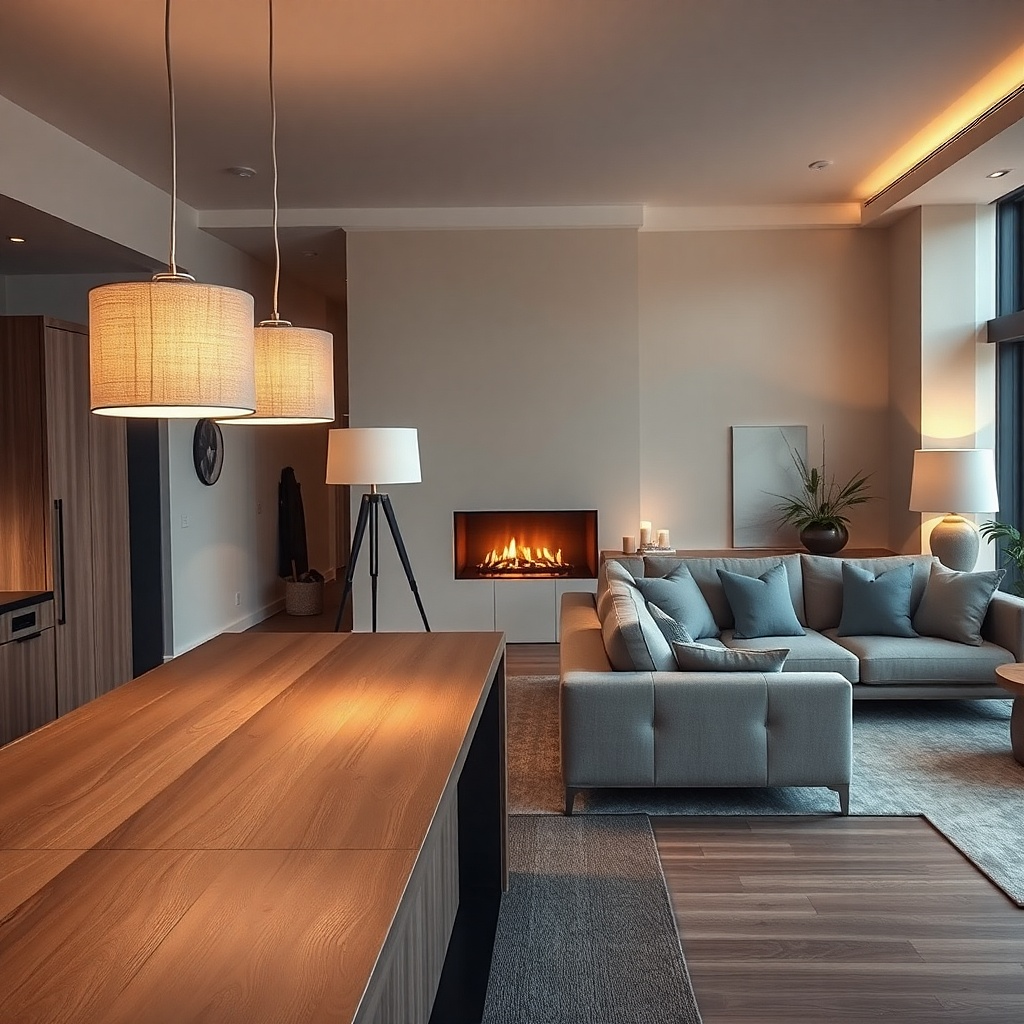 Island pendants and living room floor lamp with similar shade height