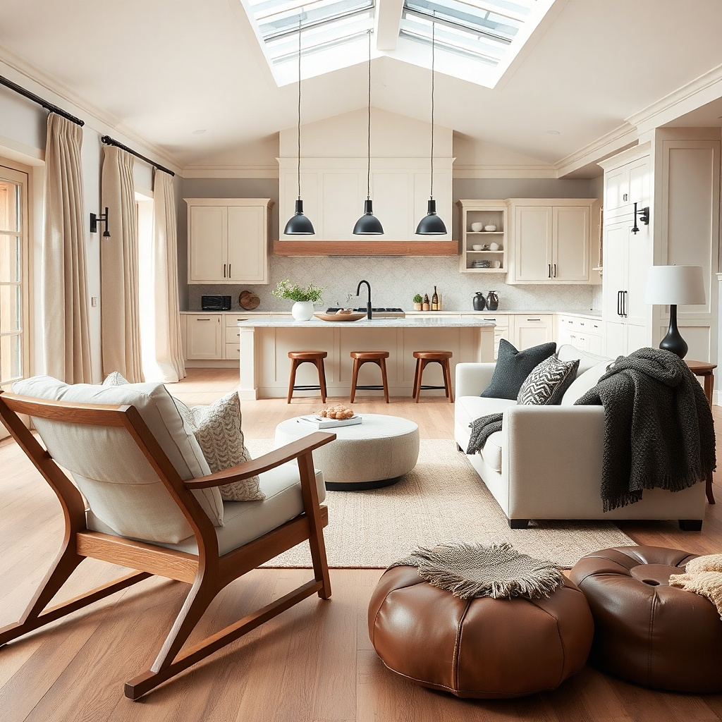 Neutral sofa with warm woven throws and kitchen in background